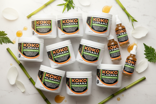 Full 90-day supply of Koko Radiance Ritual — triple Klarara, Lumara and Avyara products arranged on marble with botanicals
