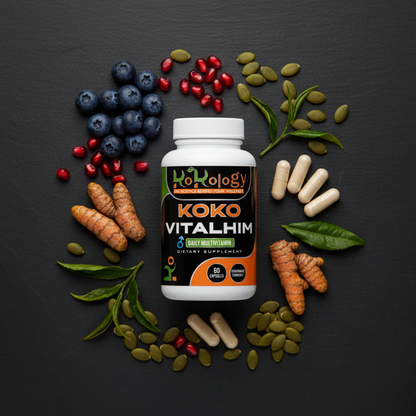 Koko VitalHim bottle flat lay with blueberries, pomegranate seeds, turmeric root and pumpkin seeds on dark slate with neutral ivory capsules