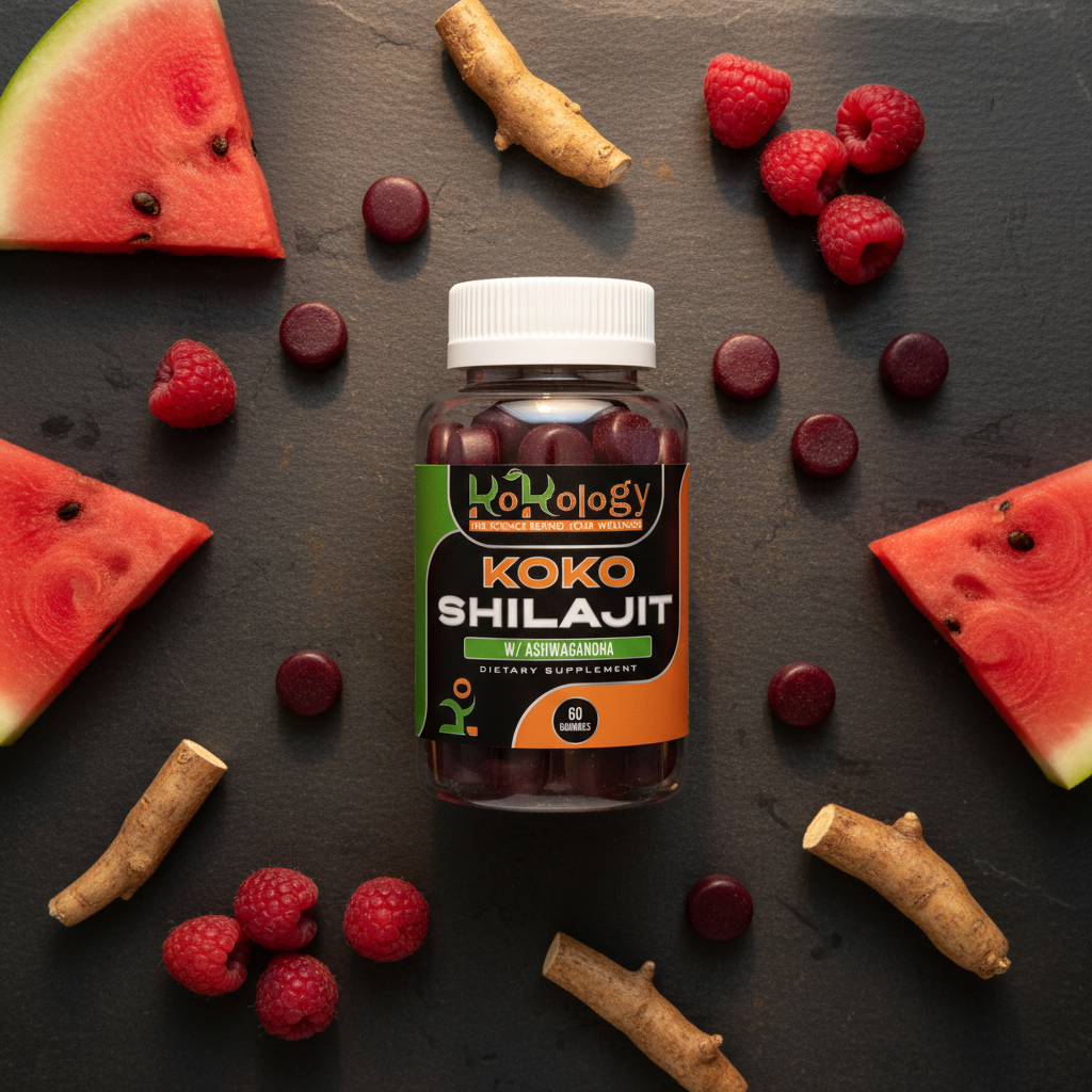 Koko Shilajit clear bottle flat lay with watermelon slices, raspberries, ashwagandha root and dark burgundy round gummies on dark slate