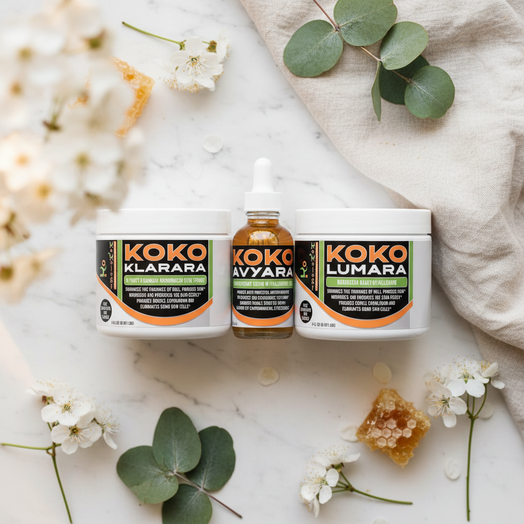 Koko Radiance Ritual 3-product flat lay square with all jars and serum as hero, eucalyptus and honeycomb on marble