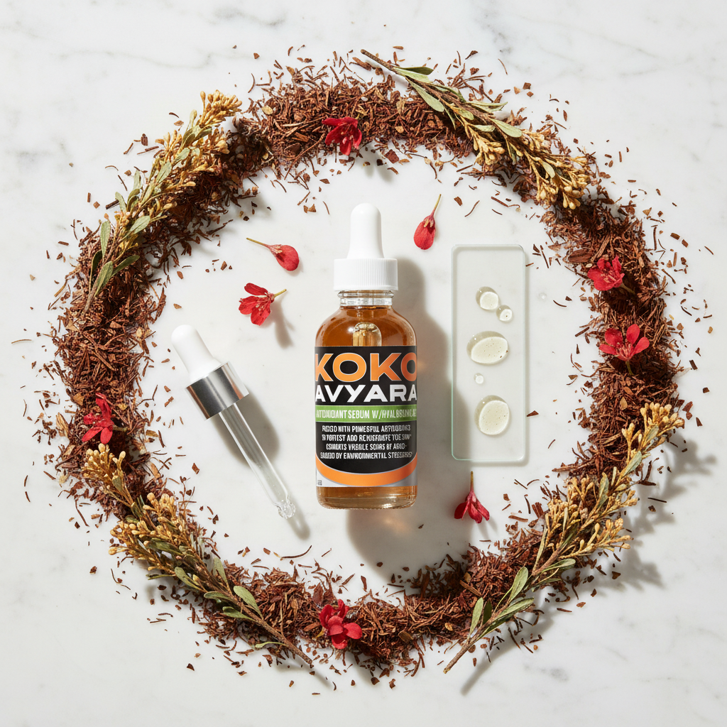 Koko Avyara flat lay with serum bottle, rooibos red tea leaves and dropper on marble