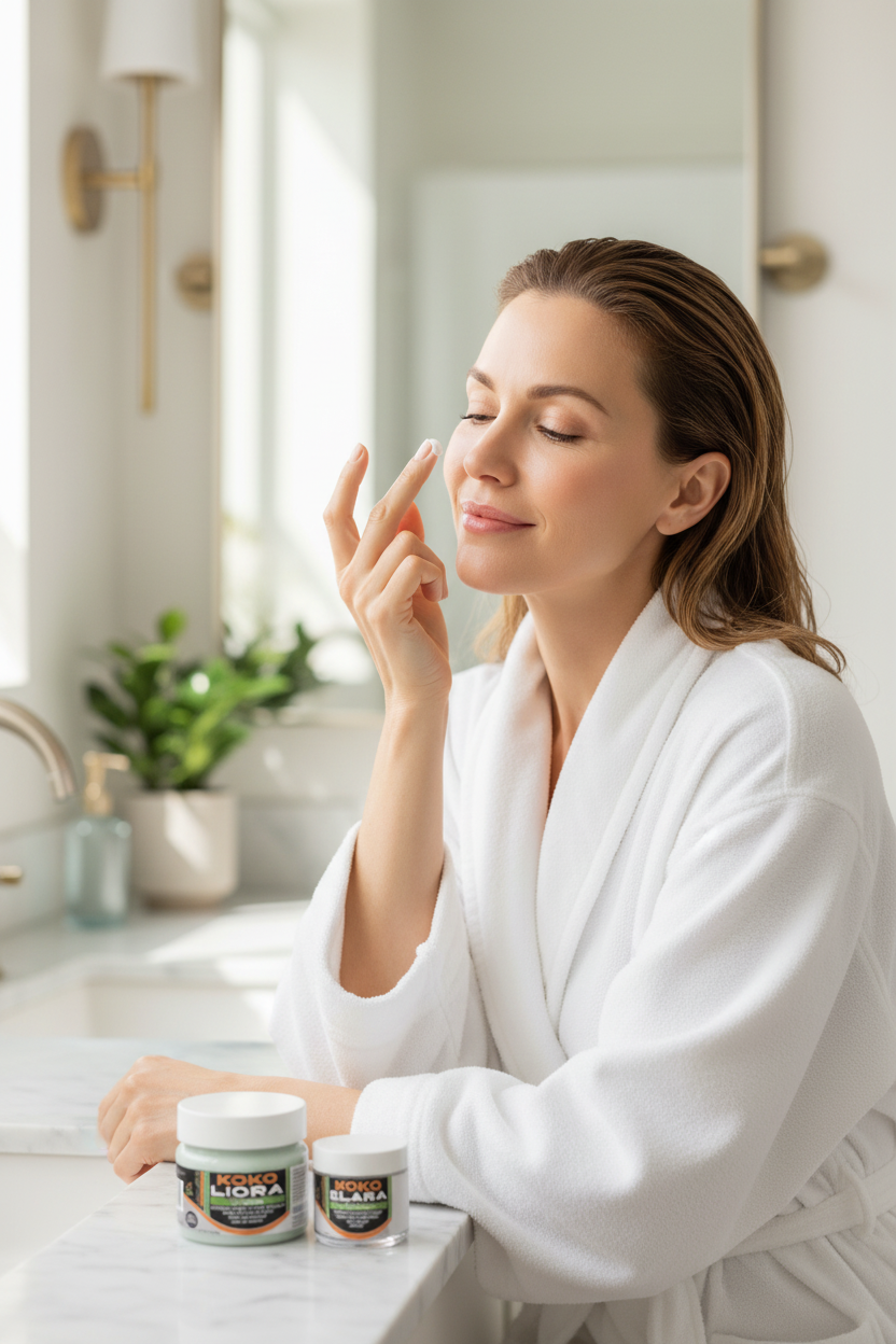 Radiant woman applying eye cream with Koko Liora and Koko Elara jars on marble vanity in spa bathroom