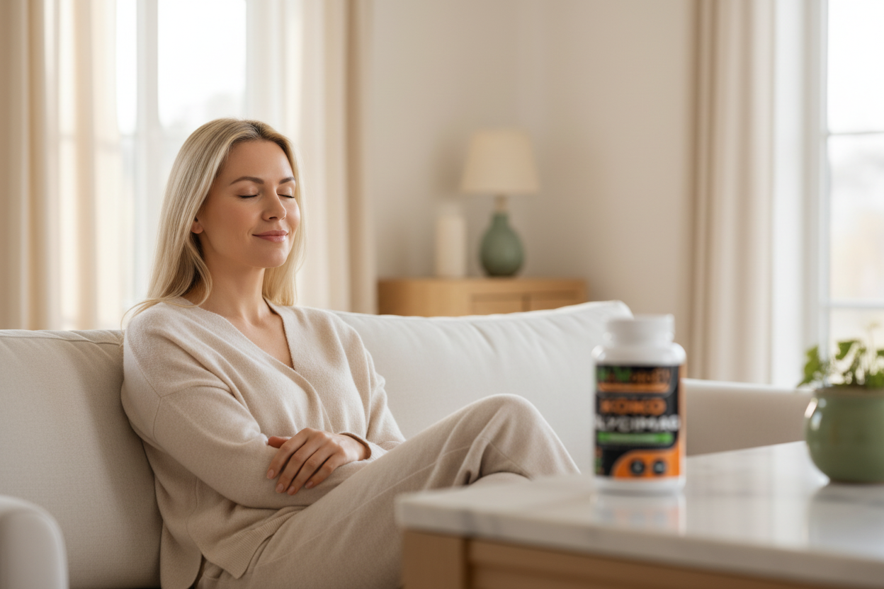 Radiant white woman in serene bright home radiating calm and whole-body wellness with Koko Glycimag bottle softly blurred on counter