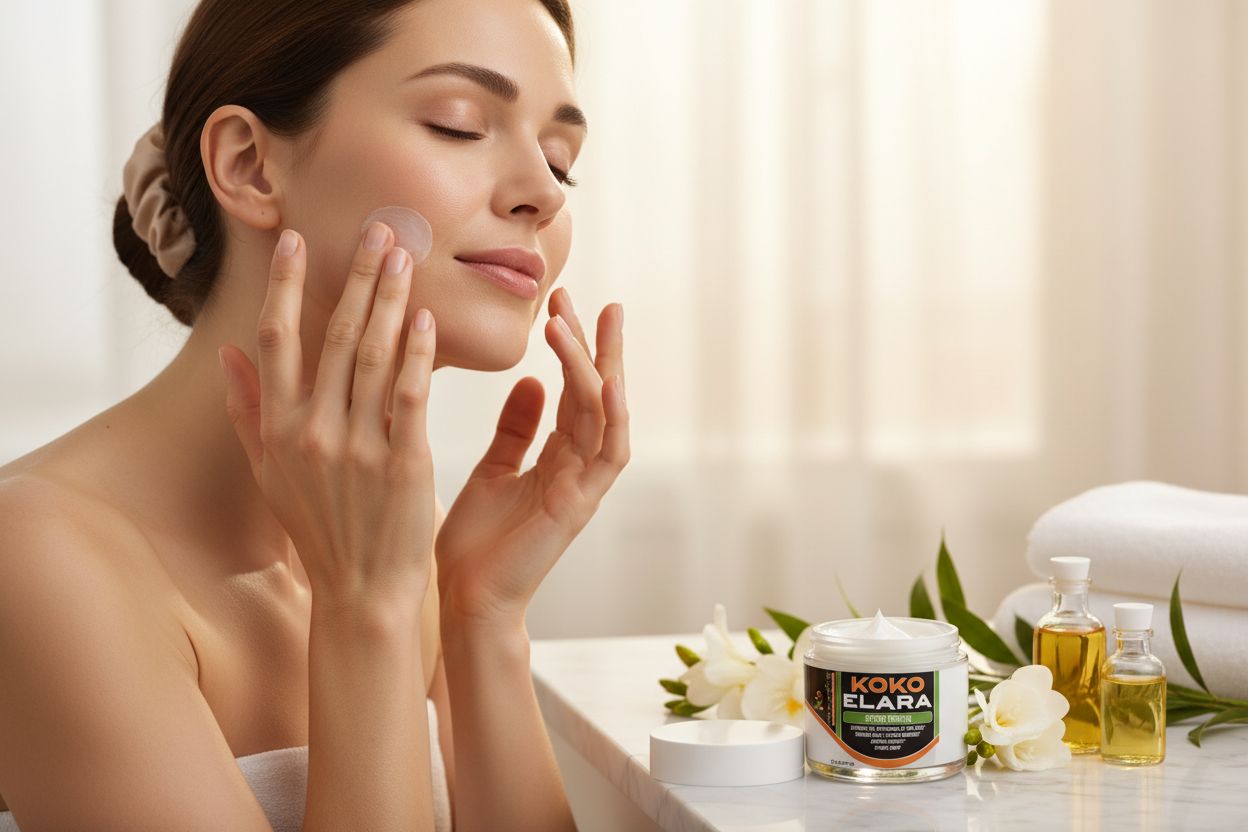 Koko Elara lifestyle - woman applying peptide firming cream with upward lifting motions and botanicals on marble