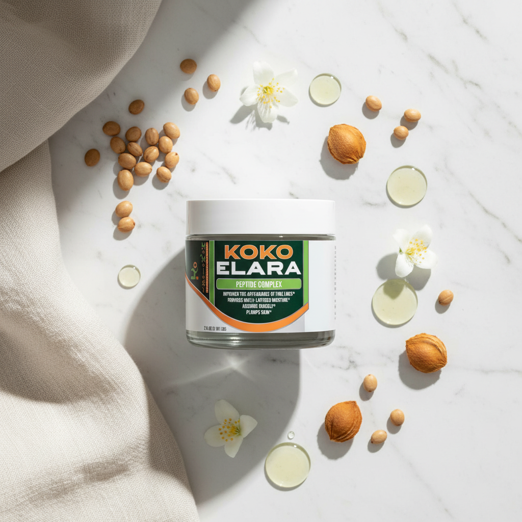 Koko Elara flat lay with peptide cream jar, jojoba seeds, apricot kernels and squalane droplets on marble
