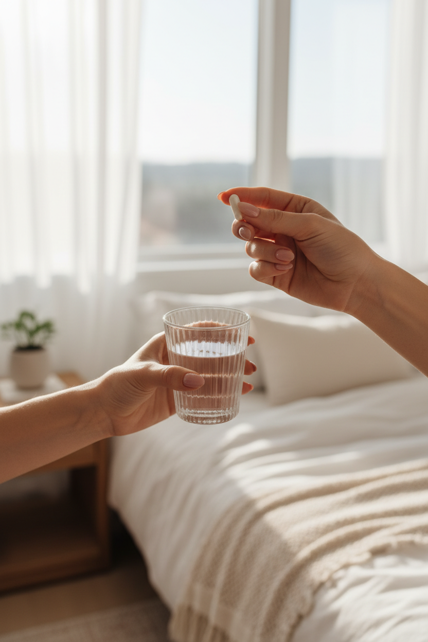 Koko Rebalance morning ritual - hands holding capsule by sunlit window