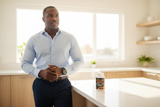 Confident Black man in morning home setting radiating whole-body vitality with Koko VitalHim bottle softly blurred nearby