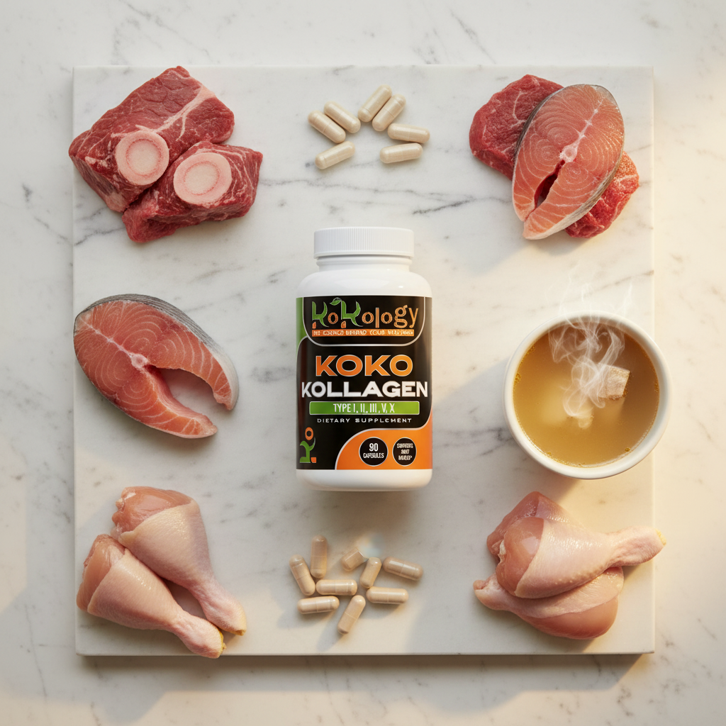 Koko Kollagen bottle flat lay with bovine, marine and chicken collagen sources and neutral ivory capsules on white marble