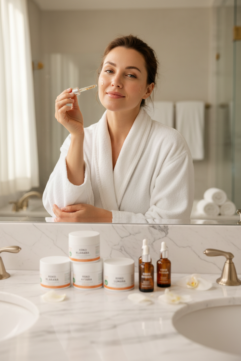 Radiant woman applying serum with full 90-day Koko Radiance Ritual triple product set on marble vanity