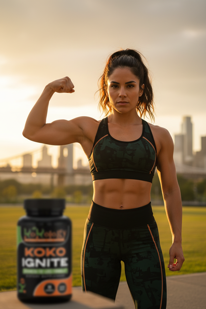 Fierce Hispanic woman athlete at golden hour with Koko Ignite supplement bottle softly blurred in foreground