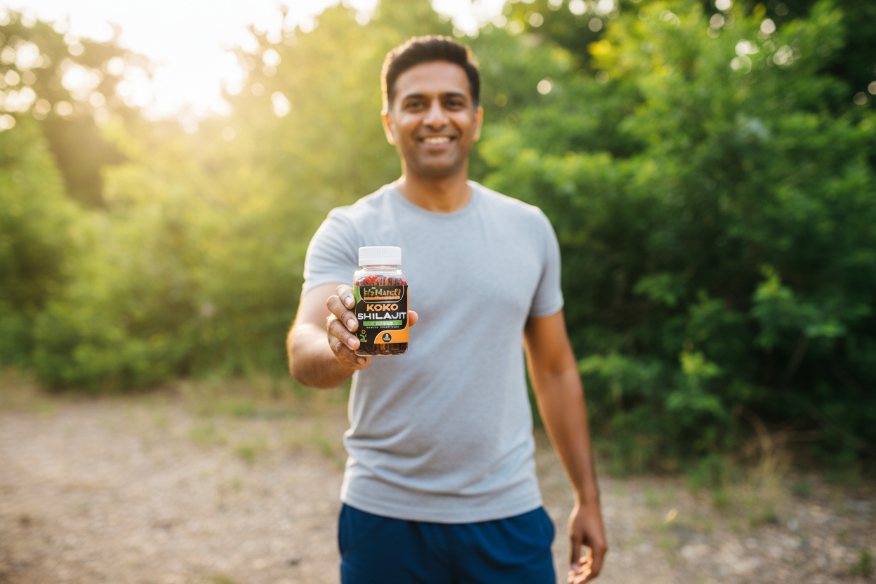 Confident East Indian man outdoors holding Koko Shilajit clear gummy bottle naturally in hand