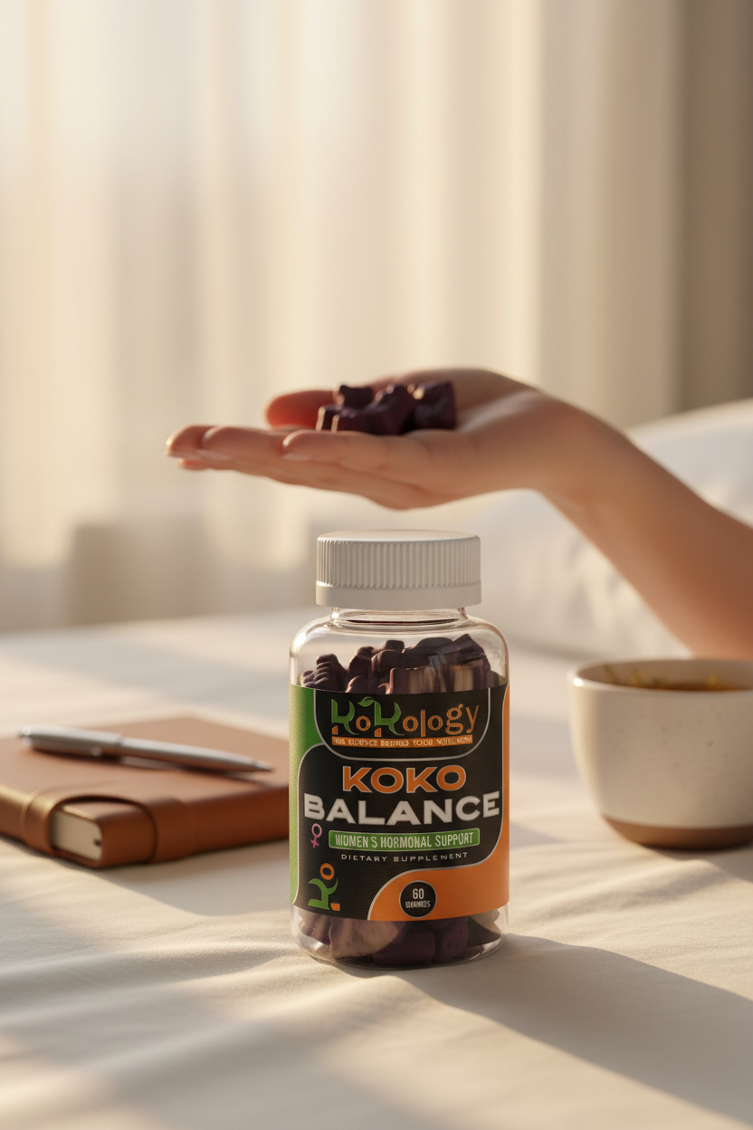 Koko Balance bottle hero in sharp focus with woman's hand holding blurred gummies in warm wellness morning setting