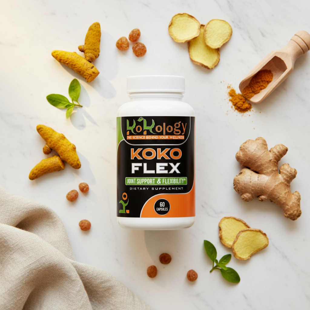 Koko Flex flat lay with bottle as hero, turmeric root, boswellia resin and green leaves softly blurred on marble