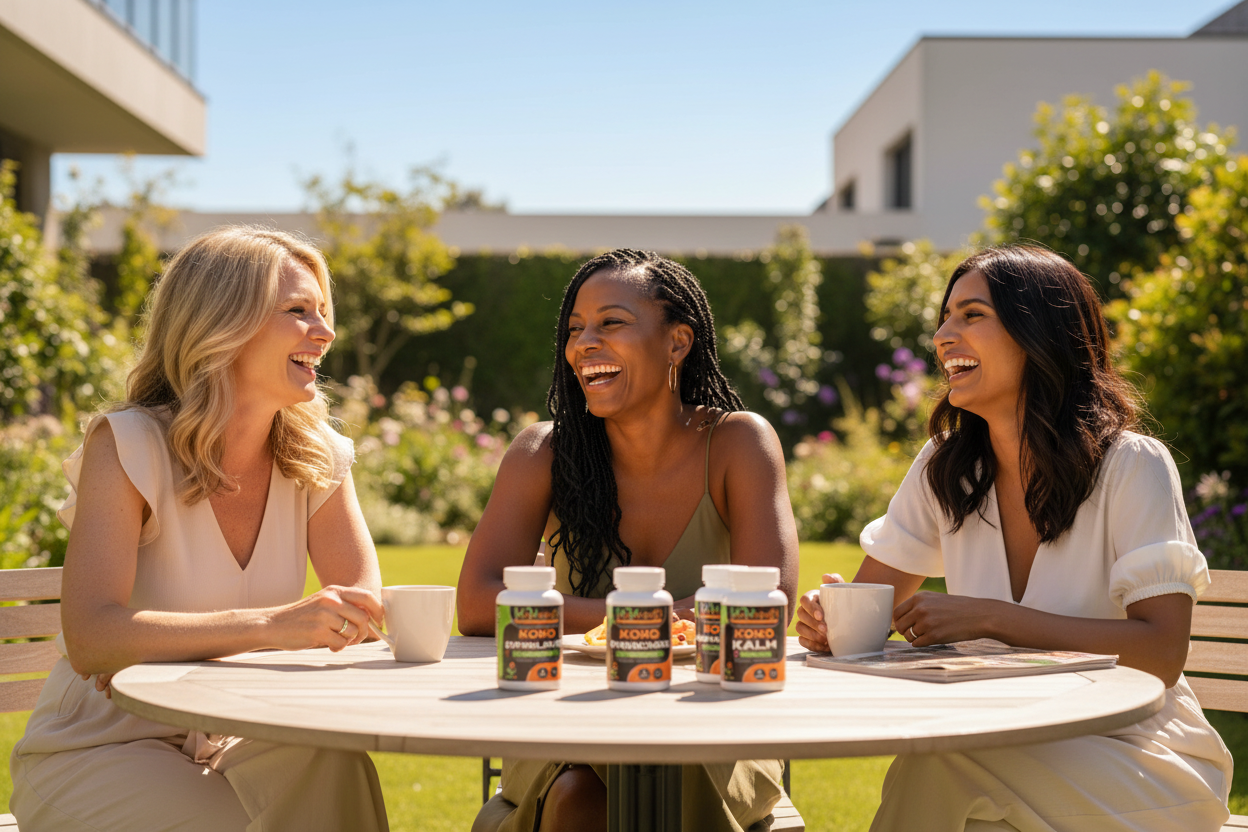 Three diverse women laughing together at sunny patio table with Kokology supplement bottles clearly displayed on the table in front of them