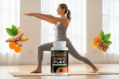 Koko Flex bottle in sharp focus with active person doing yoga stretch and turmeric botanicals softly blurred in background