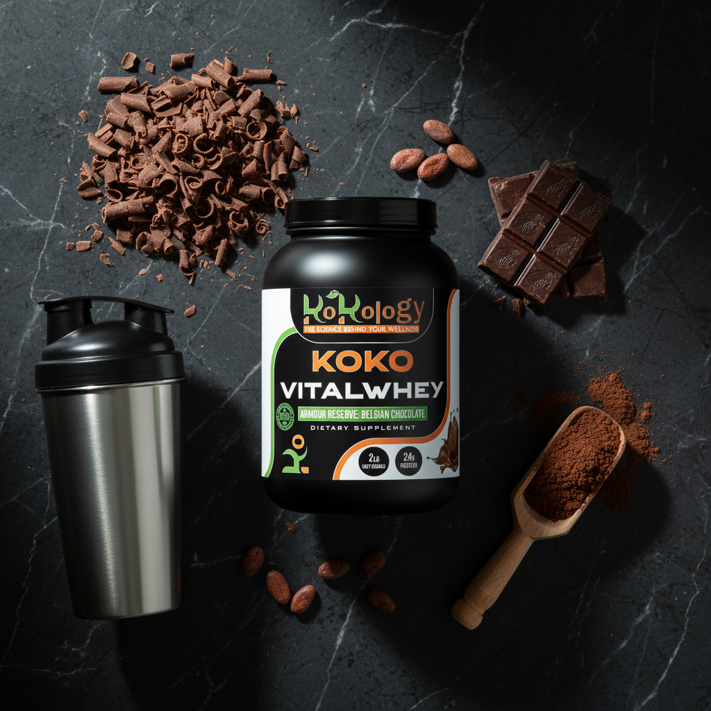 Koko VitalWhey Armour Reserve Belgian Chocolate flat lay with protein container, chocolate shavings, cacao beans and steel shaker on dark marble