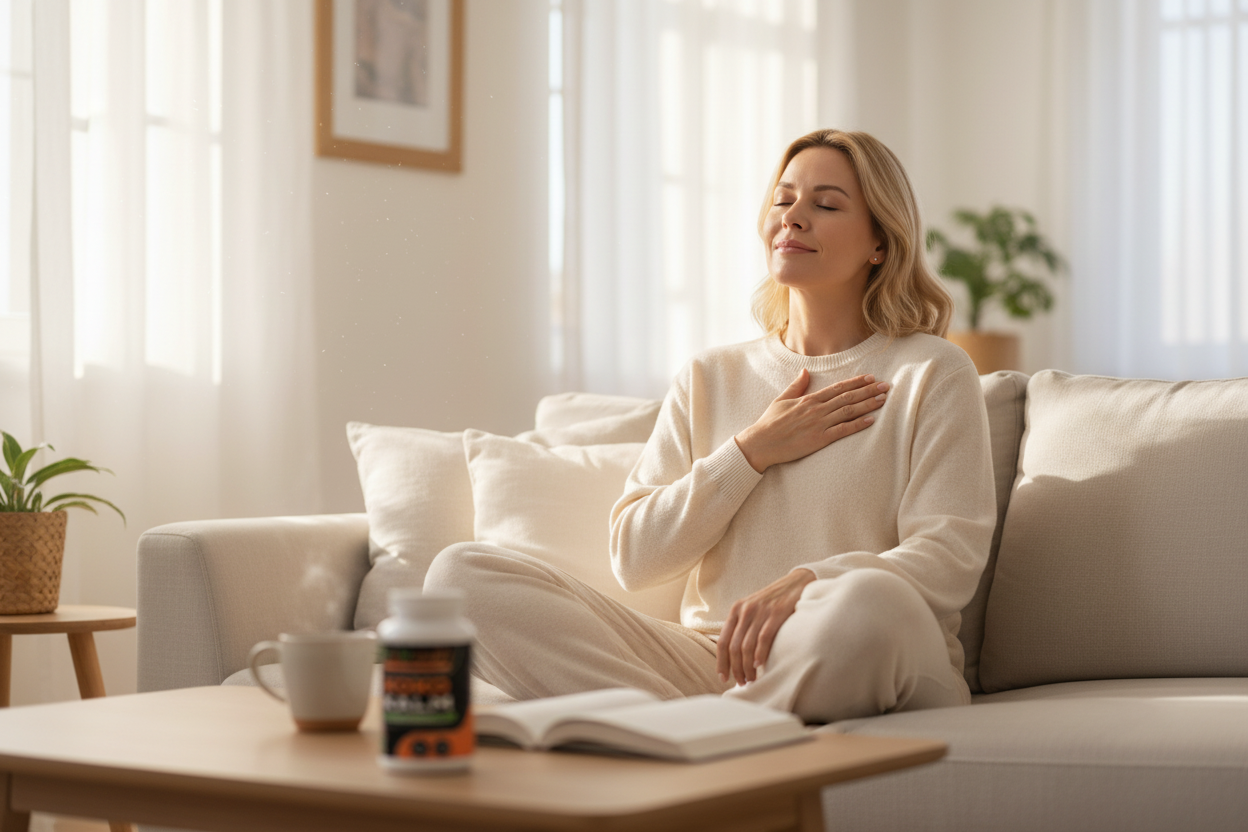 Serene white woman breathing deeply in sunlit living room with Koko Kalm bottle softly blurred on coffee table