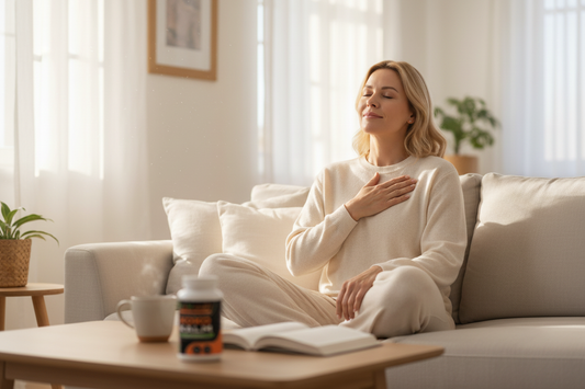 Serene white woman breathing deeply in sunlit living room with Koko Kalm bottle softly blurred on coffee table