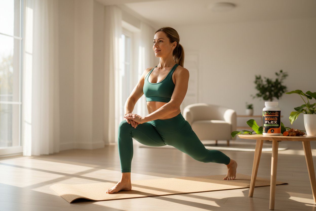 Active person doing yoga stretch in sunlit studio with Koko Flex bottle naturally present in scene