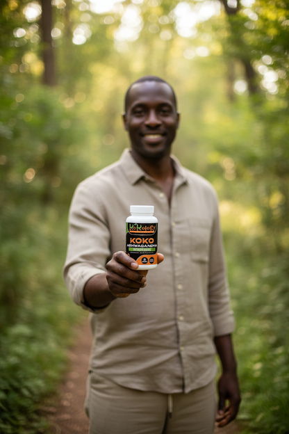 Calm Black man in peaceful nature setting holding Koko Ashwagandha bottle naturally in hand