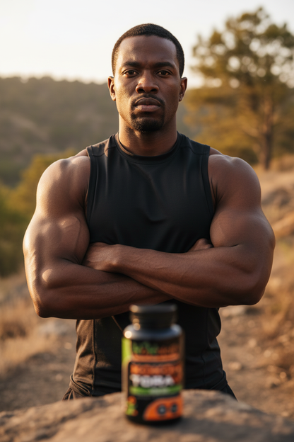 Powerful Black man with dominant confident expression at golden hour with Koko Tora bottle softly blurred in foreground