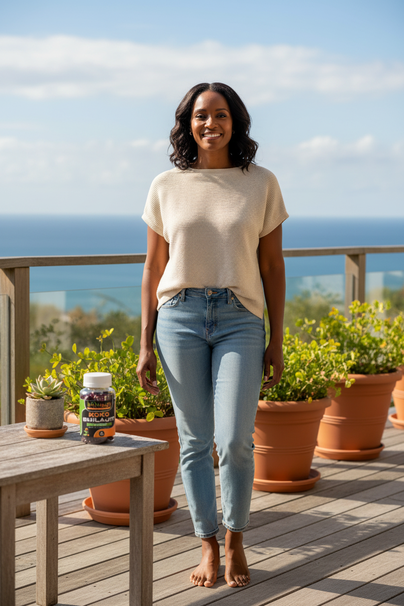 Radiant Black woman in bright setting with Koko Shilajit clear gummy bottle naturally sized beside her