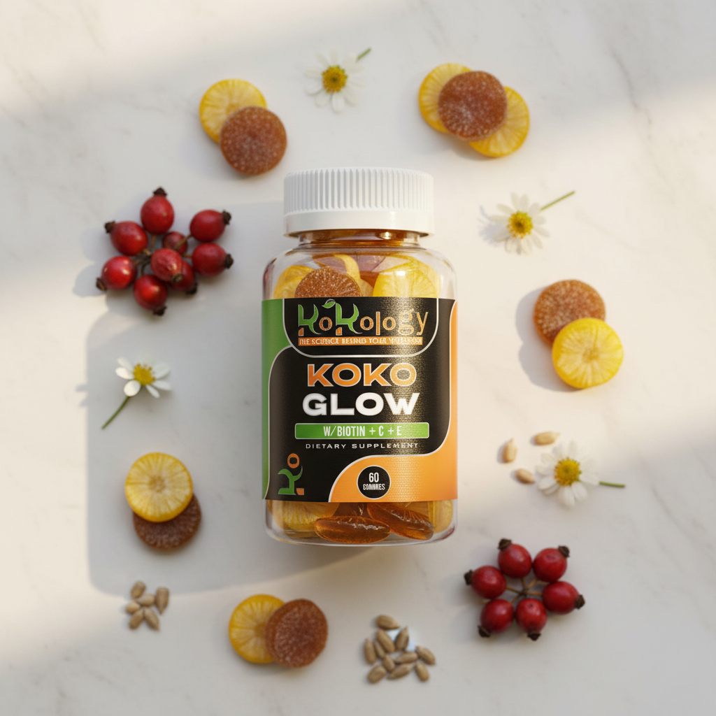 Koko Glow flat lay with bottle as hero, softly blurred gummies, rosehip pods, acerola berries and sunflower seeds on marble