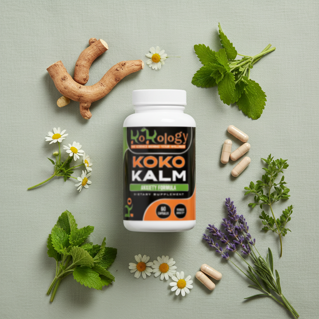 Koko Kalm bottle flat lay with ashwagandha root, lemon balm, chamomile flowers, bacopa and lavender on sage green linen with neutral ivory capsules