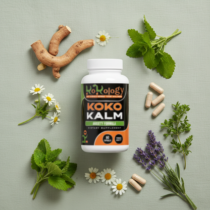 Koko Kalm bottle flat lay with ashwagandha root, lemon balm, chamomile flowers, bacopa and lavender on sage green linen with neutral ivory capsules