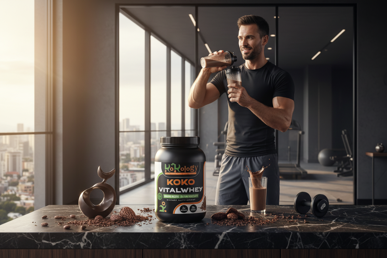 Koko VitalWhey Armour Reserve Belgian Chocolate - athletic man shaking protein post-workout with chocolate shavings and cacao beans on dark marble