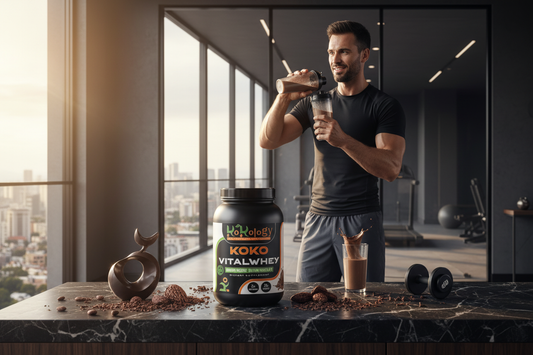 Koko VitalWhey Armour Reserve Belgian Chocolate - athletic man shaking protein post-workout with chocolate shavings and cacao beans on dark marble