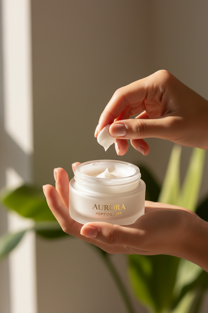 Koko Elara fingers scooping silky peptide firming cream from jar showing luxurious texture