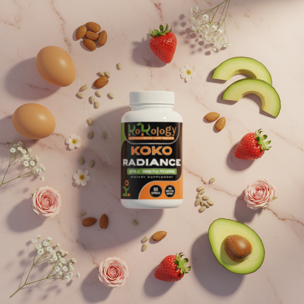 Koko Radiance bottle flat lay with eggs, almonds, strawberries, avocado and pink roses on soft pink marble