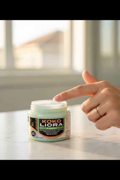 Koko Liora ring finger applying eye cream beneath luminous bright eye with product packaging