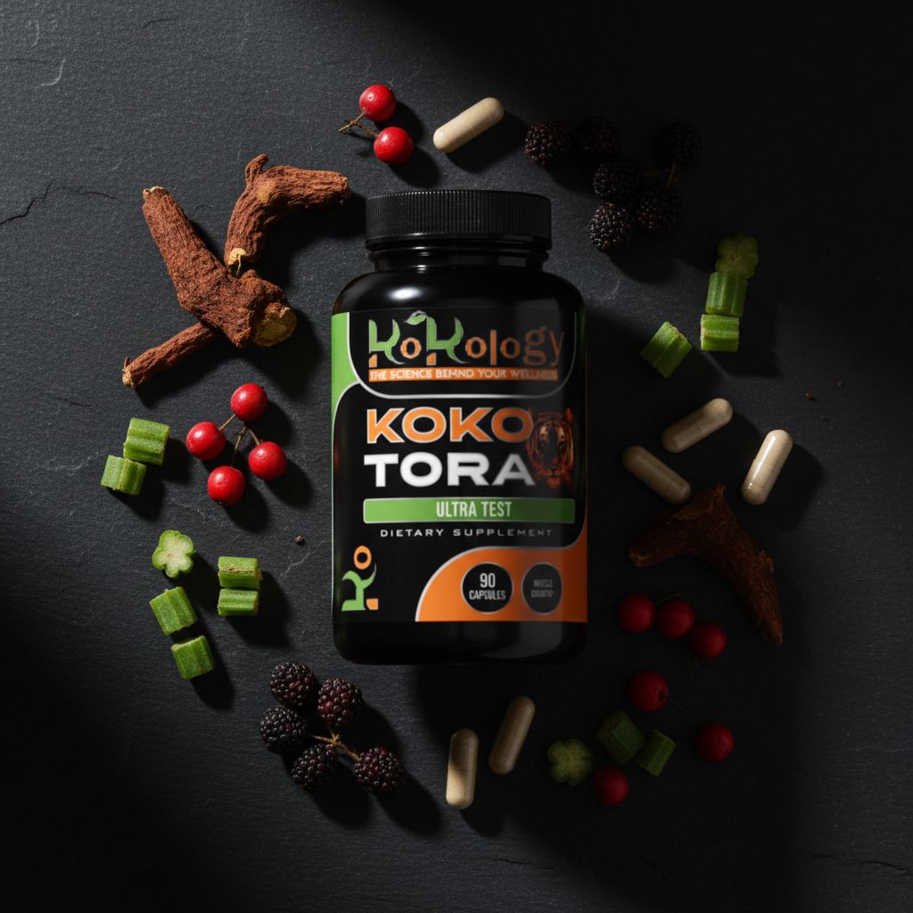 Koko Tora bottle flat lay with tongkat ali root, tribulus terrestris, hawthorn berries and cissus quadrangularis on dark slate with neutral ivory capsules