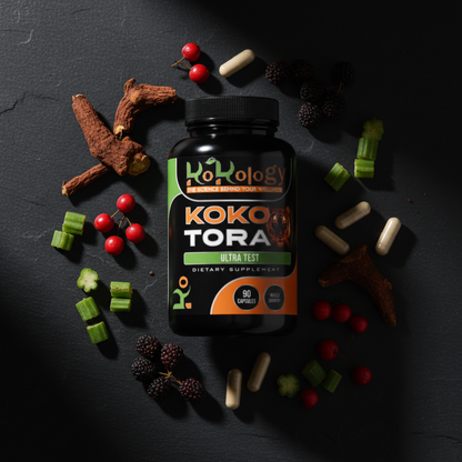 Koko Tora bottle flat lay with tongkat ali root, tribulus terrestris, hawthorn berries and cissus quadrangularis on dark slate with neutral ivory capsules