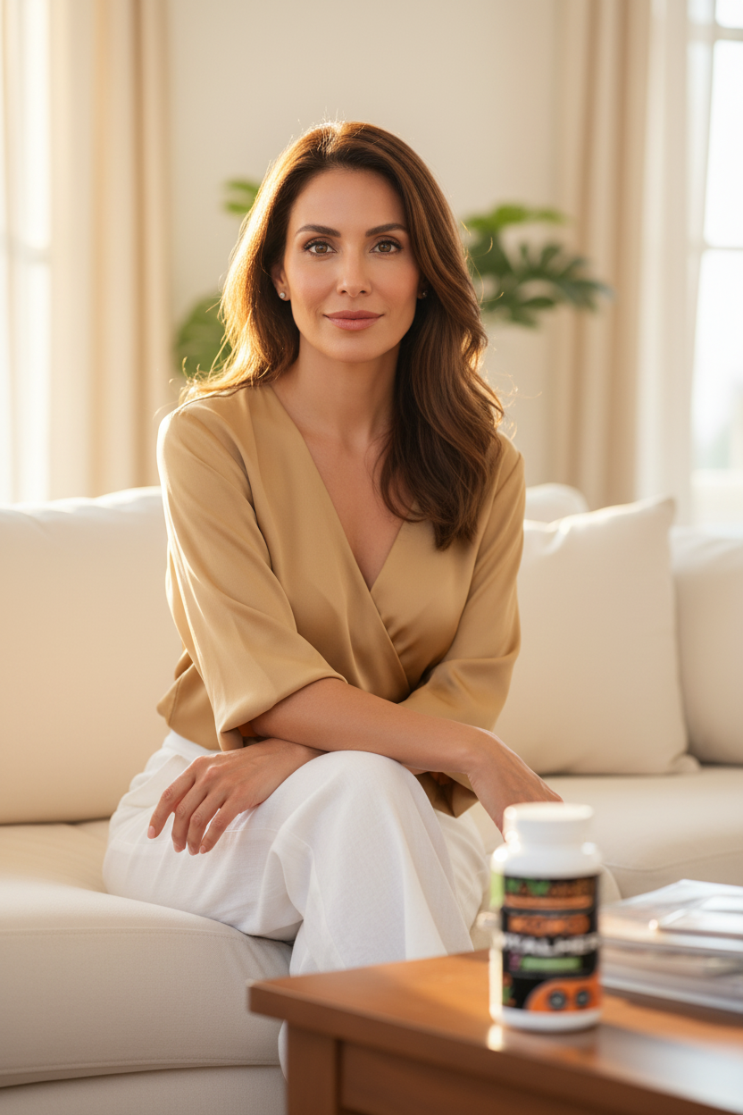 Confident Latina woman in sunlit living room with glowing skin and Koko VitalHer bottle softly blurred in foreground