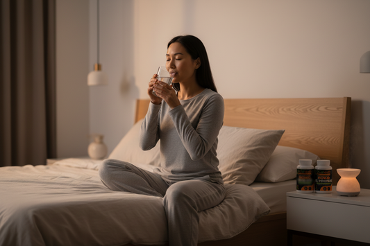 Asian woman winding down for bed holding glass of water with 3 Kokology supplement bottles softly blurred on bedside table