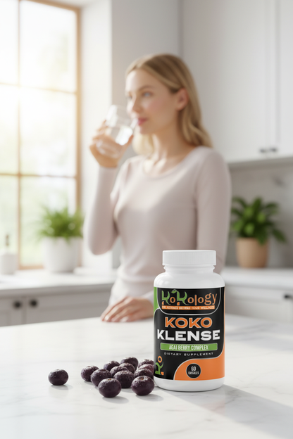 Koko Klense bottle in foreground with glowing woman holding water glass softly blurred in bright morning background