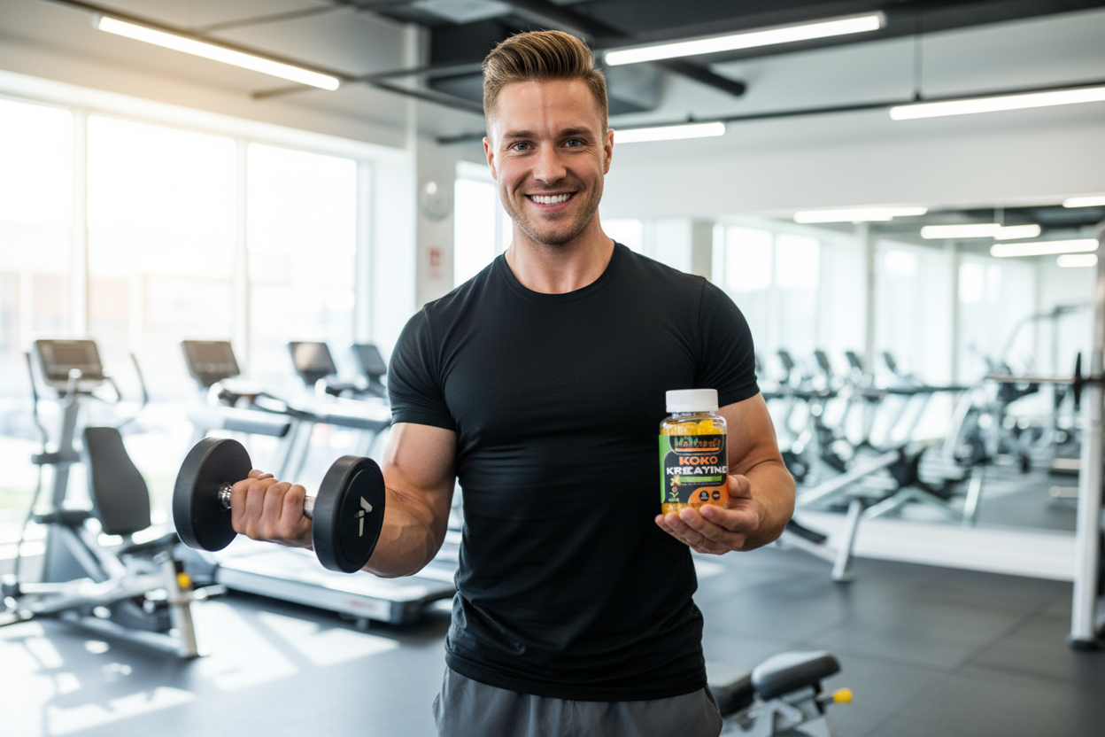 Fit white man mid-workout in gym holding small Koko Kreatine clear gummy bottle naturally in palm