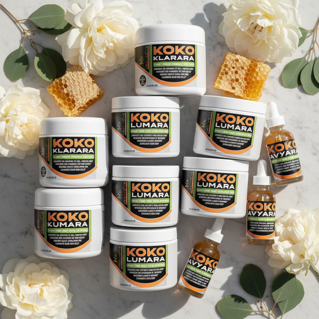Koko Radiance Ritual 90-day supply square flat lay with triple product set and eucalyptus and honeycomb on marble
