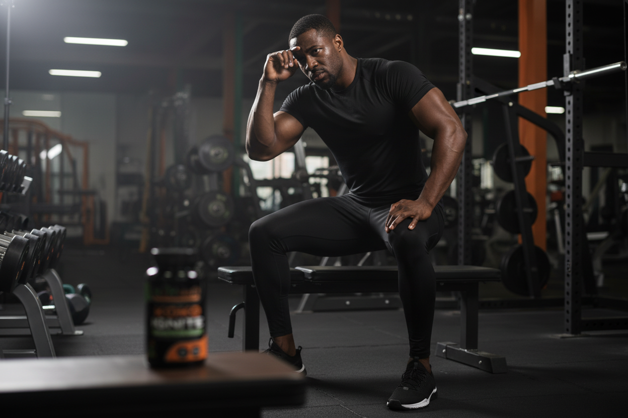 Fit Black man mid-workout in dramatic gym with Koko Ignite supplement bottle softly blurred on weight bench