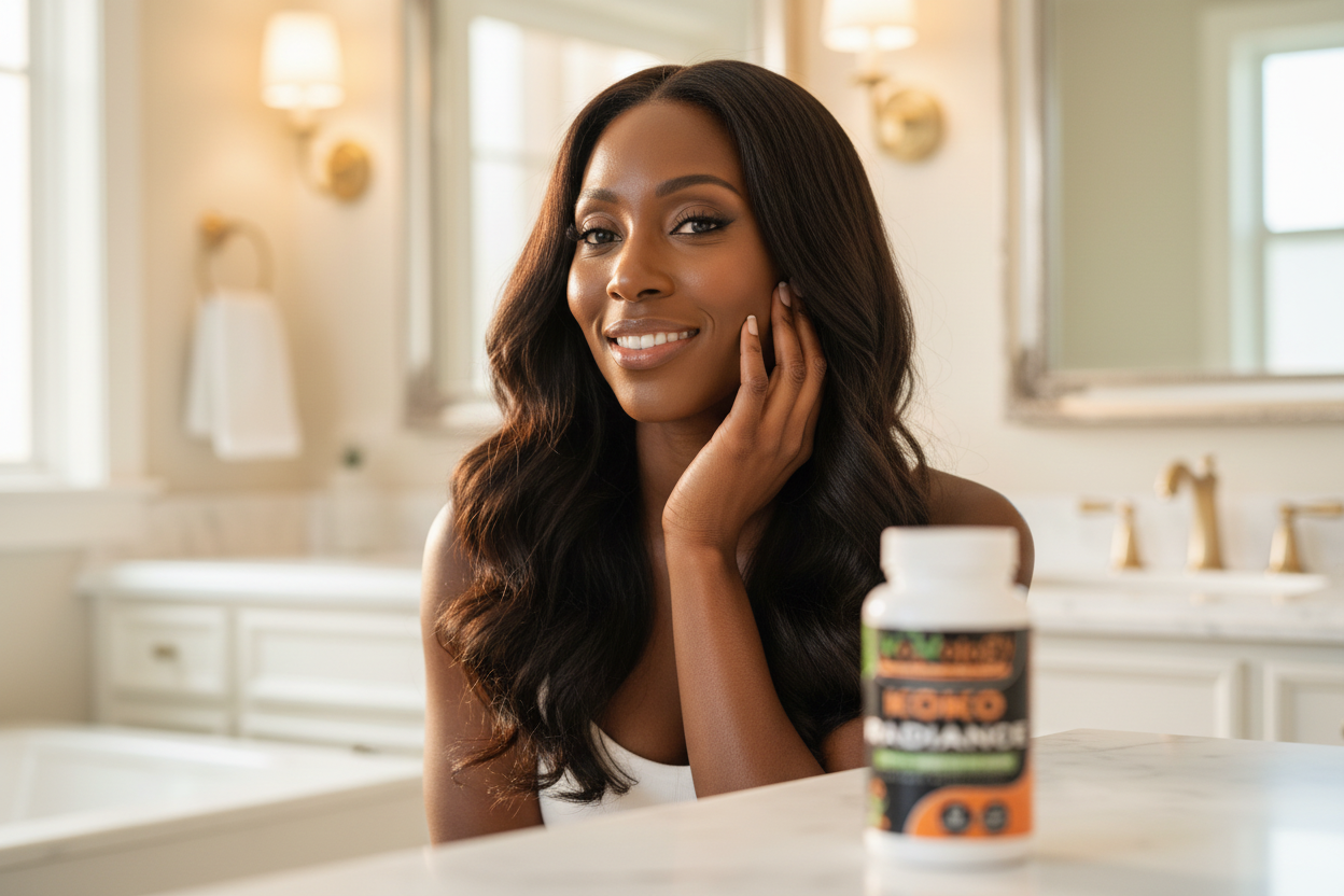 Radiant Black woman at vanity with luminous skin and healthy hair with Koko Radiance bottle softly blurred nearby
