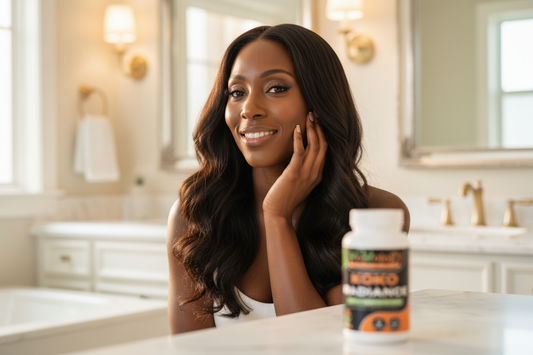 Radiant Black woman at vanity with luminous skin and healthy hair with Koko Radiance bottle softly blurred nearby