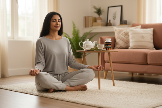 Serene East Indian woman meditating in calm living room with Koko Ashwagandha bottle softly blurred on side table