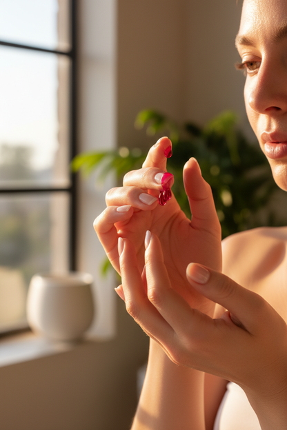Koko Avyara hands warming red tea serum drops between fingertips in golden morning light