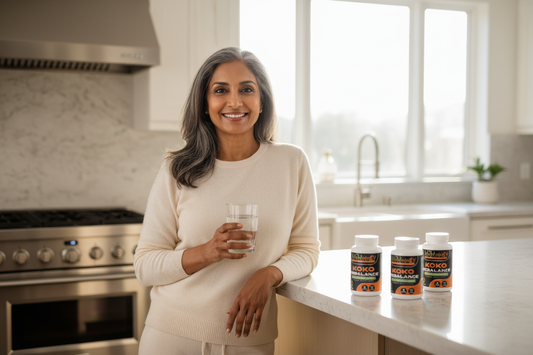 Confident East Indian woman in her 50s holding glass of water in morning wellness routine with 3 Koko Rebalance bottles softly blurred on counter